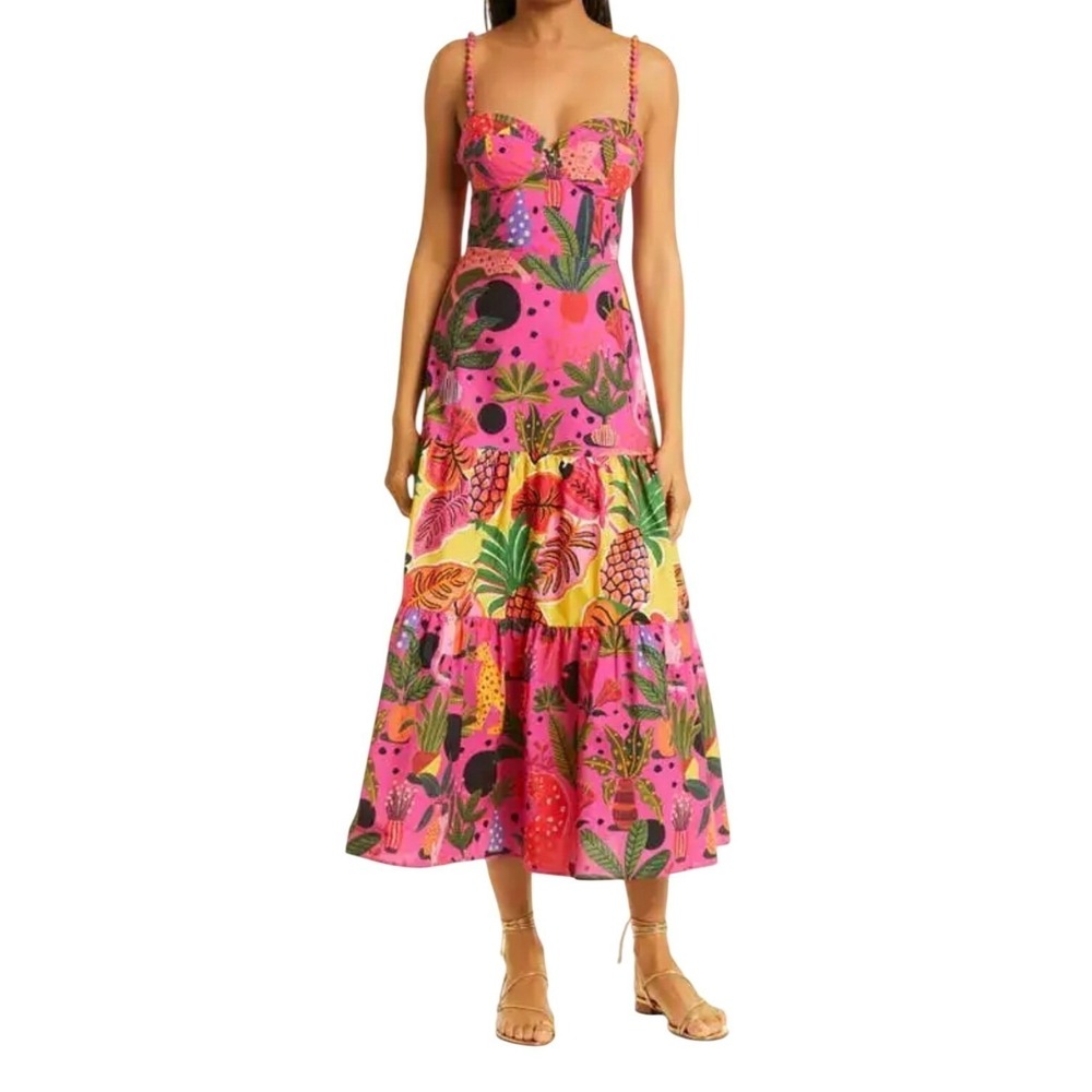 Farm Rio SZ Med Leopards Pop Tropical Jungle Maxi Dress Pink Multi Tiered Beaded